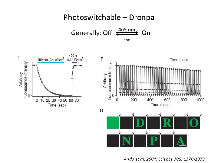 Photoswitchable – Dronpa Generally: Off 405 nm lex On Ando et al. 2004, Science