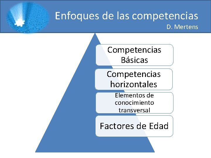 Enfoques de las competencias D. Mertens Competencias Básicas Competencias horizontales Elementos de conocimiento transversal