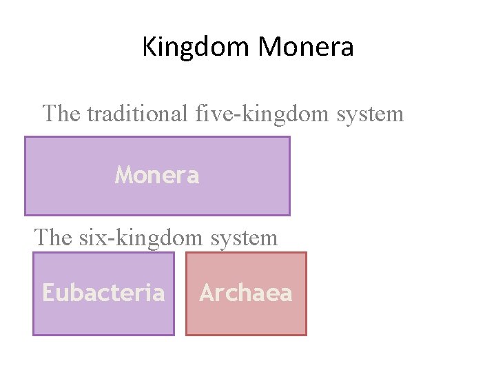Kingdom Monera The traditional five-kingdom system Monera The six-kingdom system Eubacteria Archaea 