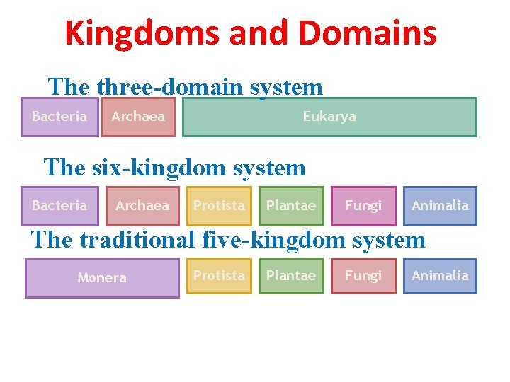 Kingdoms and Domains The three-domain system Bacteria Archaea Eukarya The six-kingdom system Bacteria Archaea