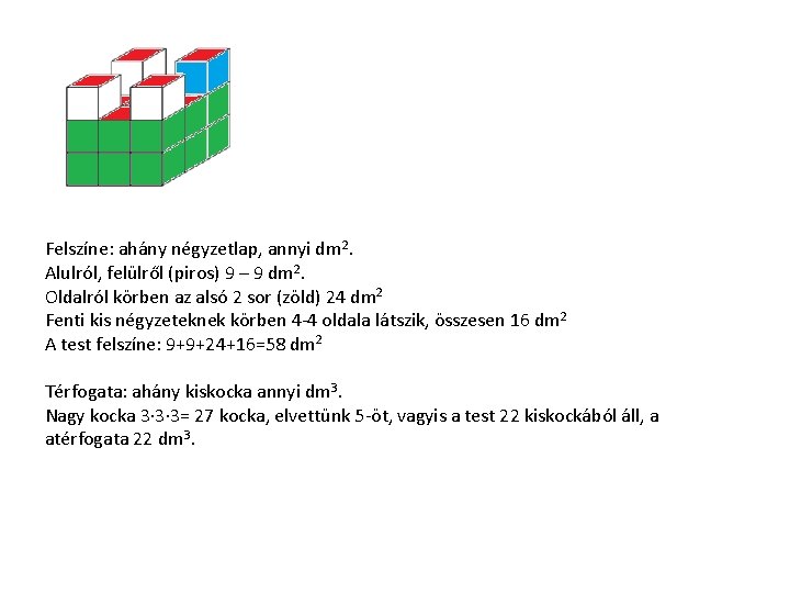 Felszíne: ahány négyzetlap, annyi dm 2. Alulról, felülről (piros) 9 – 9 dm 2. Felszíne: ahány négyzetlap, annyi dm 2. Alulról, felülről (piros) 9 – 9 dm 2.