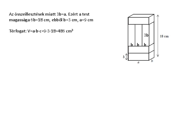 Az összeillesztések miatt 3 b=a. Ezért a test magassága 6 b=18 cm, ebből b=3 Az összeillesztések miatt 3 b=a. Ezért a test magassága 6 b=18 cm, ebből b=3