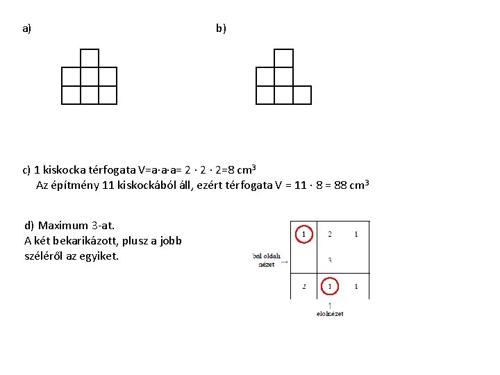 a) b) c) 1 kiskocka térfogata V=a∙a∙a= 2 ∙ 2=8 cm 3 Az építmény