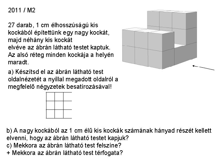 2011 / M 2 27 darab, 1 cm élhosszúságú kis kockából építettünk egy nagy 2011 / M 2 27 darab, 1 cm élhosszúságú kis kockából építettünk egy nagy