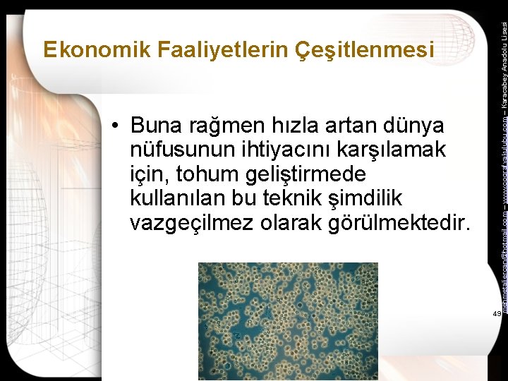  • Buna rağmen hızla artan dünya nüfusunun ihtiyacını karşılamak için, tohum geliştirmede kullanılan