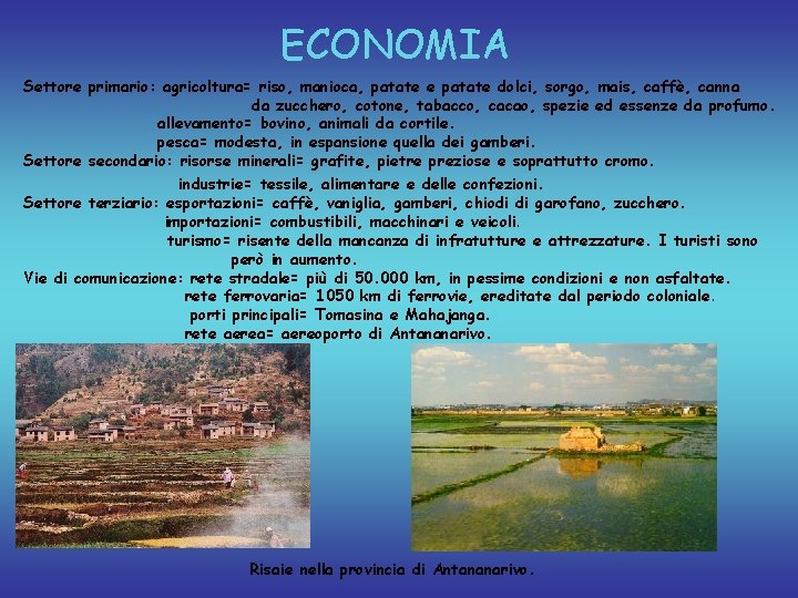 ECONOMIA Settore primario: agricoltura= riso, manioca, patate e patate dolci, sorgo, mais, caffè, canna