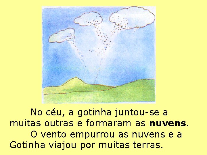 No céu, a gotinha juntou-se a muitas outras e formaram as nuvens. O vento