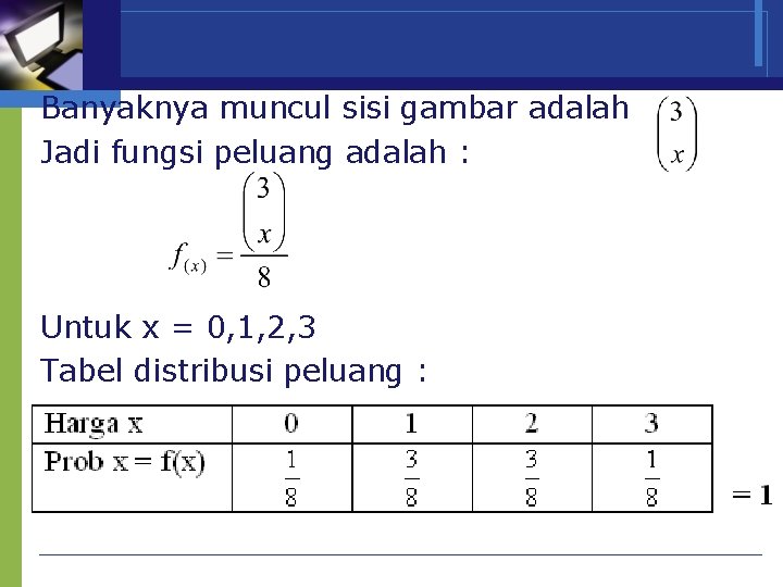 Banyaknya muncul sisi gambar adalah Jadi fungsi peluang adalah : Untuk x = 0,