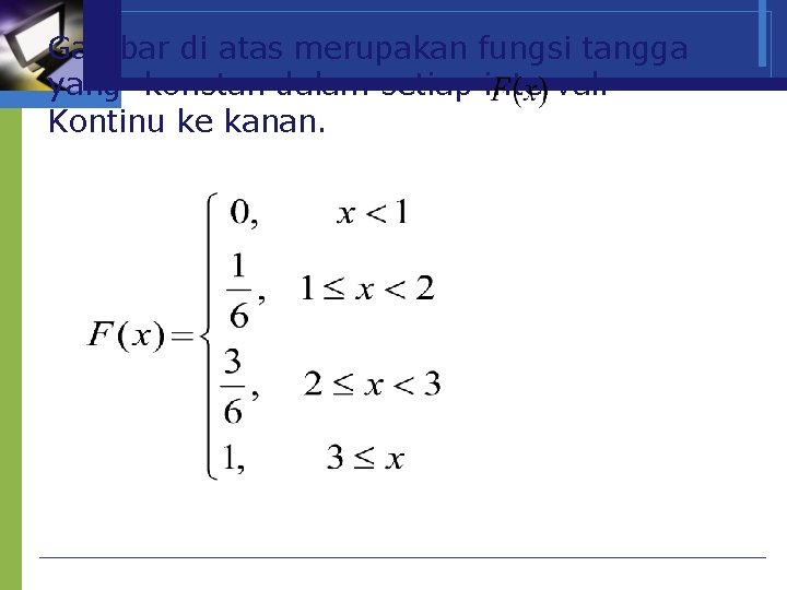 Gambar di atas merupakan fungsi tangga yang konstan dalam setiap interval. Kontinu ke kanan.