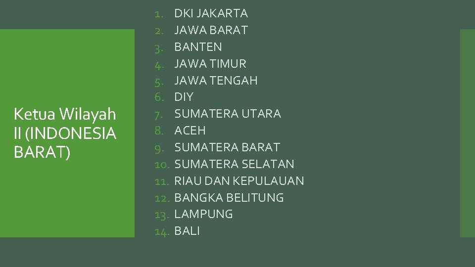 Ketua Wilayah II (INDONESIA BARAT) 1. 2. 3. 4. 5. 6. 7. 8. 9.