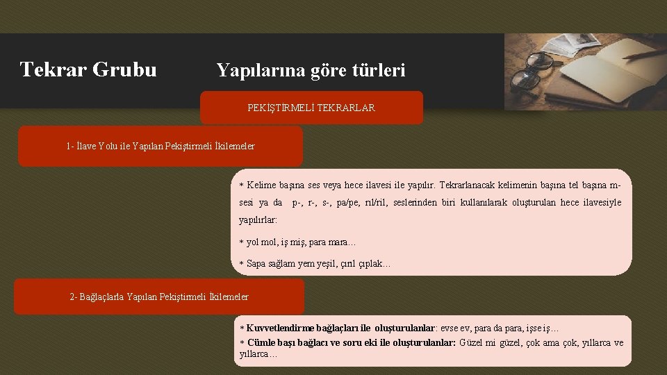 Tekrar Grubu Yapılarına göre türleri PEKİŞTİRMELİ TEKRARLAR 1 - İlave Yolu ile Yapılan Pekiştirmeli