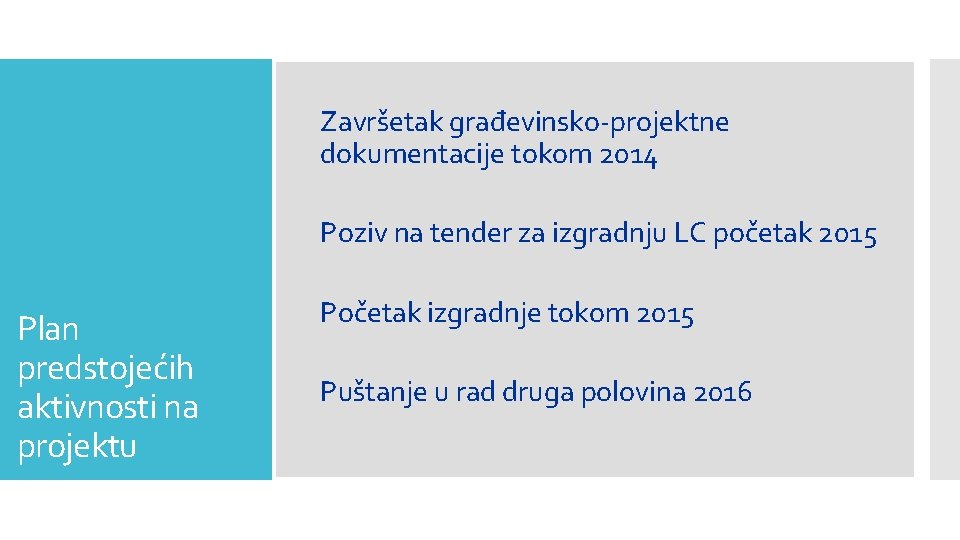 Završetak građevinsko-projektne dokumentacije tokom 2014 Poziv na tender za izgradnju LC početak 2015 Plan