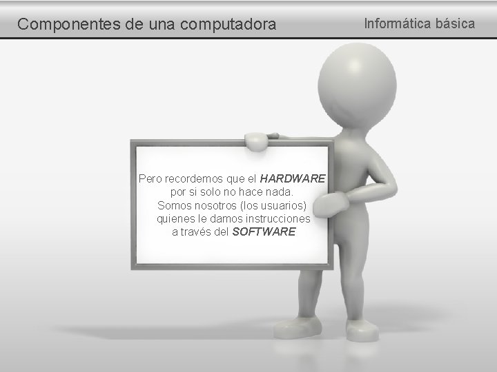 Componentes de una computadora Pero recordemos que el HARDWARE por si solo no hace