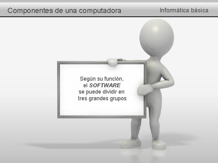 Componentes de una computadora Según su función, el SOFTWARE se puede dividir en tres