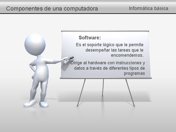 Componentes de una computadora Informática básica Software: Es el soporte lógico que le permite