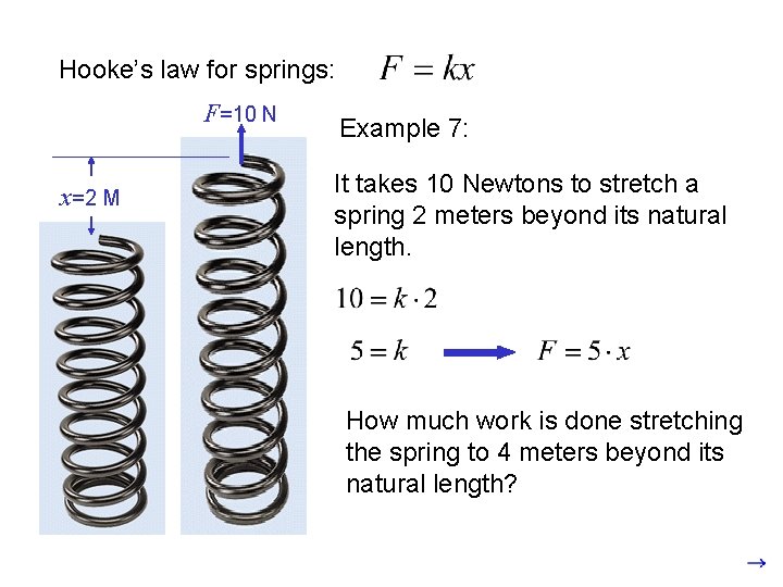 Hooke’s law for springs: F=10 N x=2 M Example 7: It takes 10 Newtons