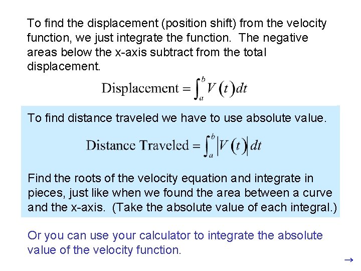 To find the displacement (position shift) from the velocity function, we just integrate the