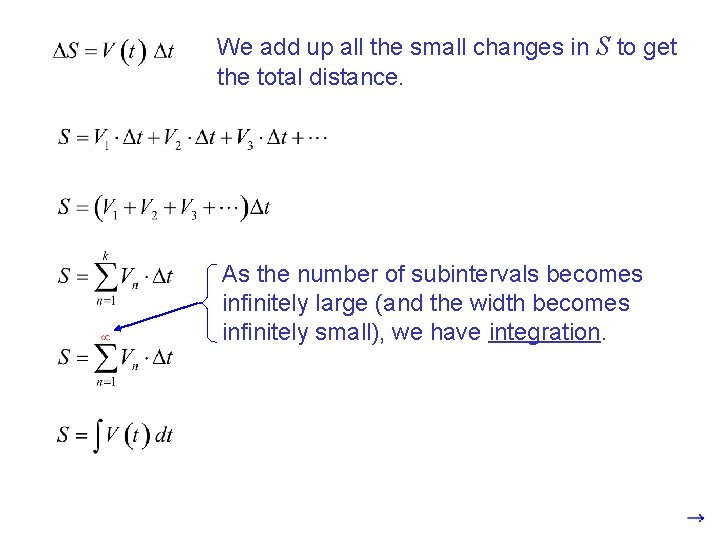 We add up all the small changes in S to get the total distance.