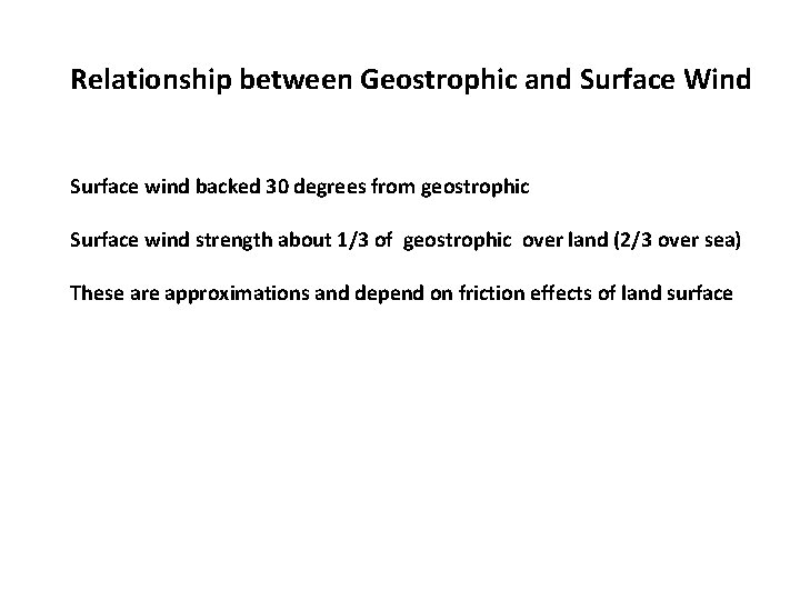 Relationship between Geostrophic and Surface Wind Surface wind backed 30 degrees from geostrophic Surface