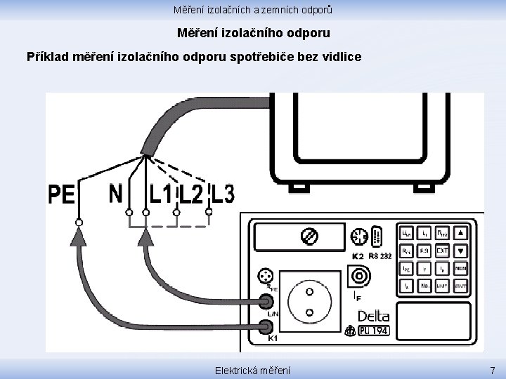 Měření izolačních a zemních odporů Měření izolačního odporu Příklad měření izolačního odporu spotřebiče bez