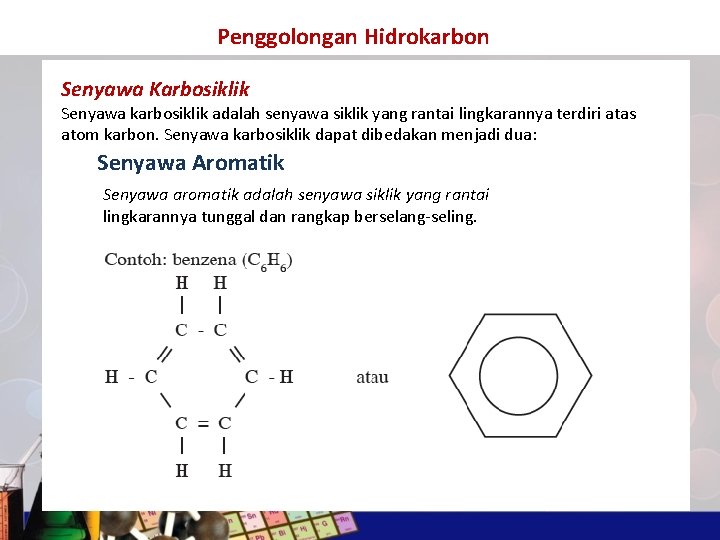 Penggolongan Hidrokarbon Senyawa Karbosiklik Senyawa karbosiklik adalah senyawa siklik yang rantai lingkarannya terdiri atas