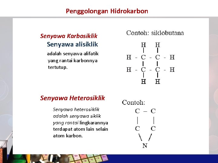 Penggolongan Hidrokarbon Senyawa Karbosiklik Senyawa alisiklik adalah senyawa alifatik yang rantai karbonnya tertutup. Senyawa