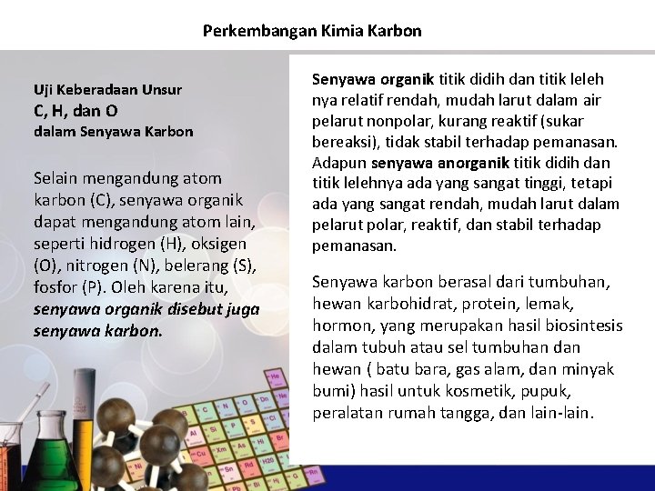 Perkembangan Kimia Karbon Uji Keberadaan Unsur C, H, dan O dalam Senyawa Karbon Selain