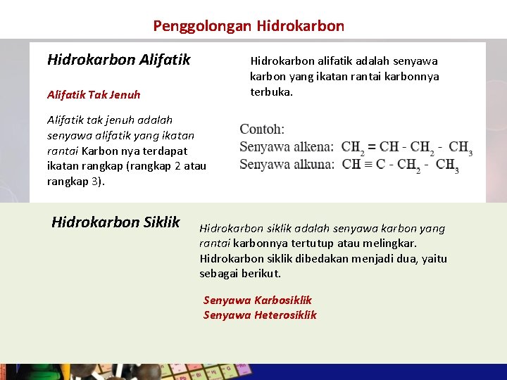 Penggolongan Hidrokarbon Alifatik Hidrokarbon alifatik adalah senyawa karbon yang ikatan rantai karbonnya terbuka. Alifatik