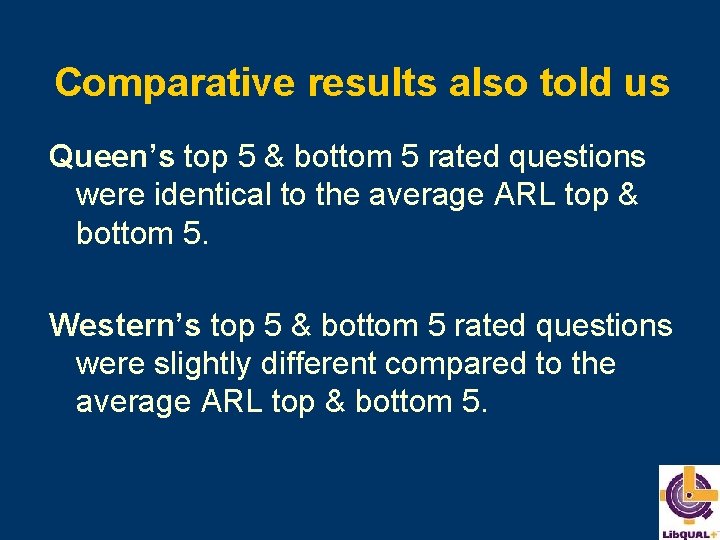 Comparative results also told us Queen’s top 5 & bottom 5 rated questions were