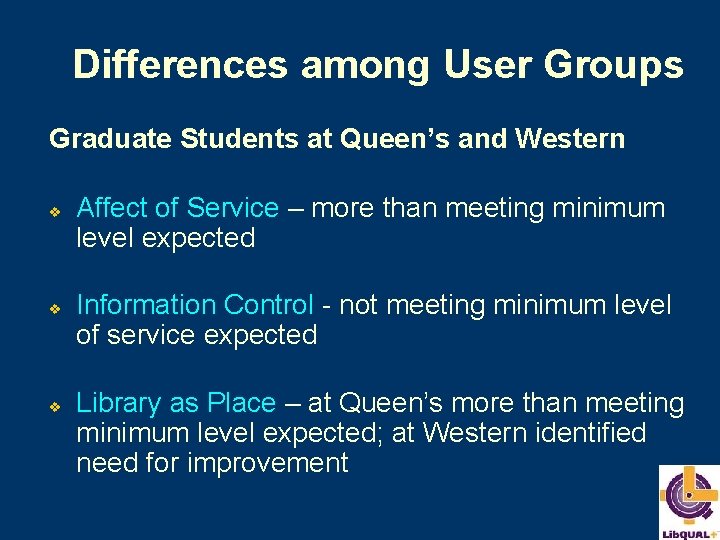 Differences among User Groups Graduate Students at Queen’s and Western v v v Affect