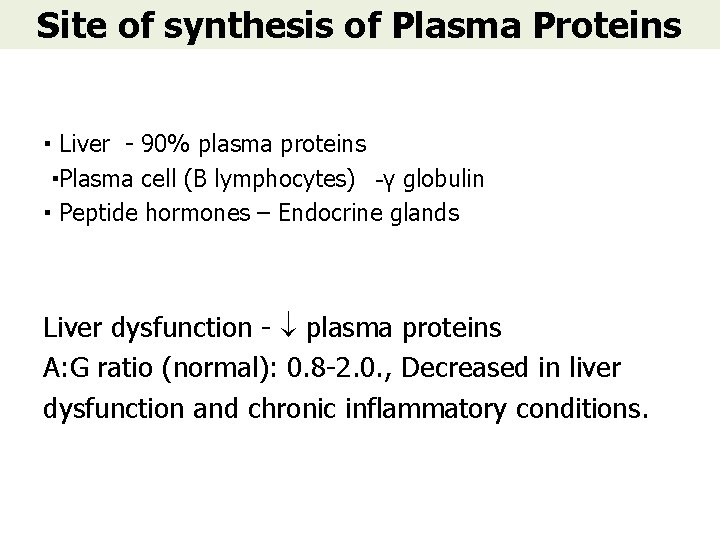 Site of synthesis of Plasma Proteins ▪ Liver - 90% plasma proteins ▪Plasma cell