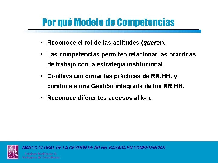 Por qué Modelo de Competencias • Reconoce el rol de las actitudes (querer). •