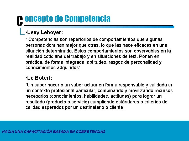 oncepto de Competencia C • Levy Leboyer: “ Competencias son repertorios de comportamientos que