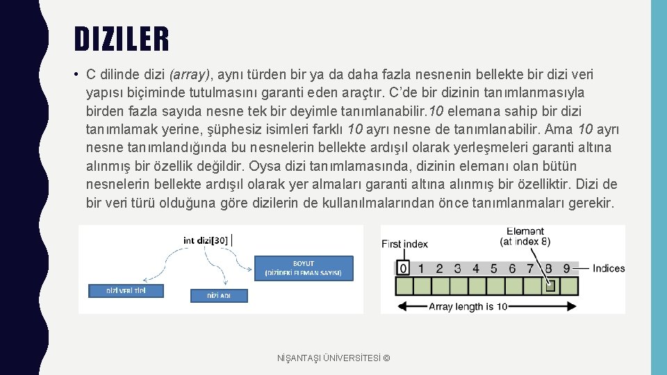 DIZILER • C dilinde dizi (array), aynı türden bir ya da daha fazla nesnenin