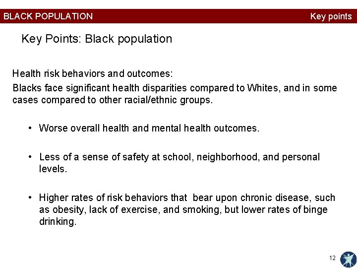 BLACK POPULATION Key points Key Points: Black population Health risk behaviors and outcomes: Blacks
