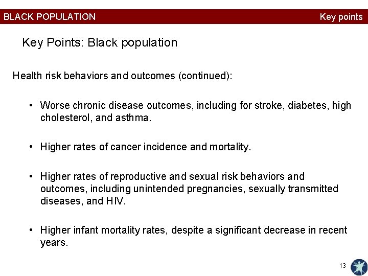 BLACK POPULATION Key points Key Points: Black population Health risk behaviors and outcomes (continued):