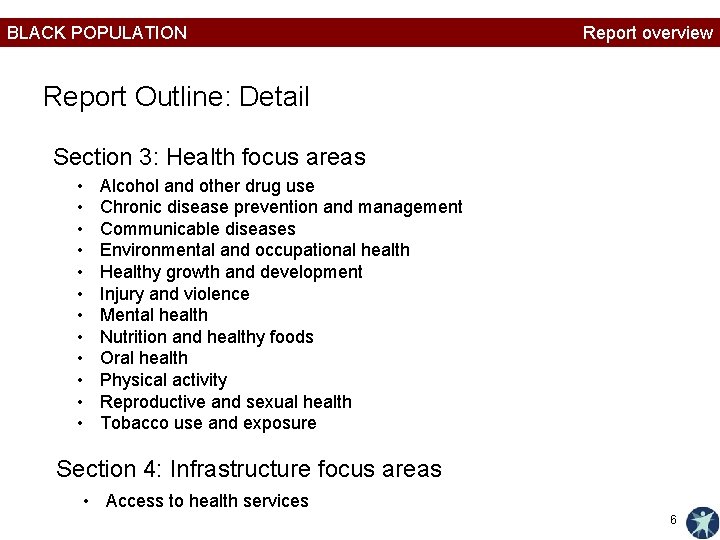 BLACK POPULATION Report overview Report Outline: Detail Section 3: Health focus areas • •