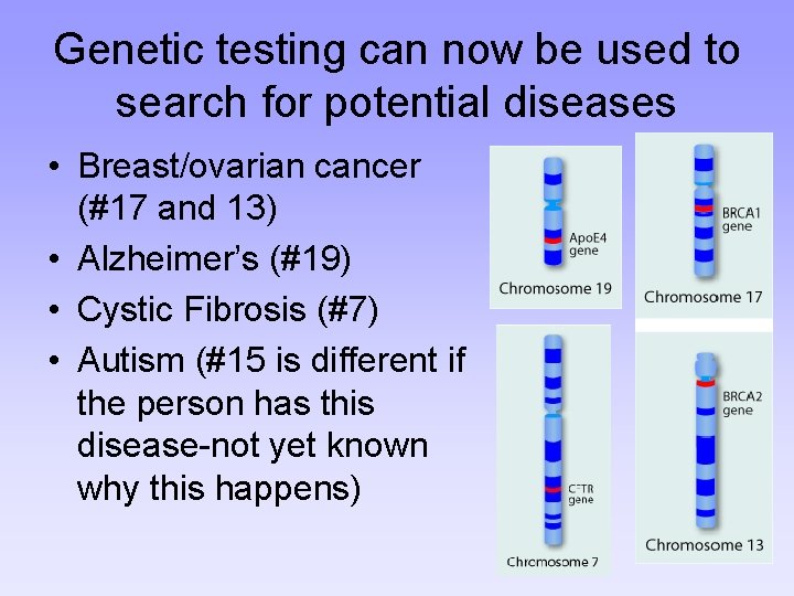 Genetic testing can now be used to search for potential diseases • Breast/ovarian cancer