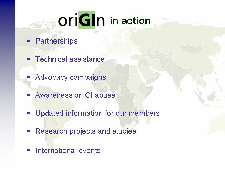 in action § Partnerships § Technical assistance § Advocacy campaigns § Awareness on GI