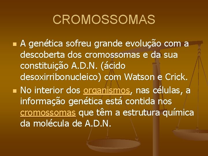 CROMOSSOMAS n n A genética sofreu grande evolução com a descoberta dos cromossomas e