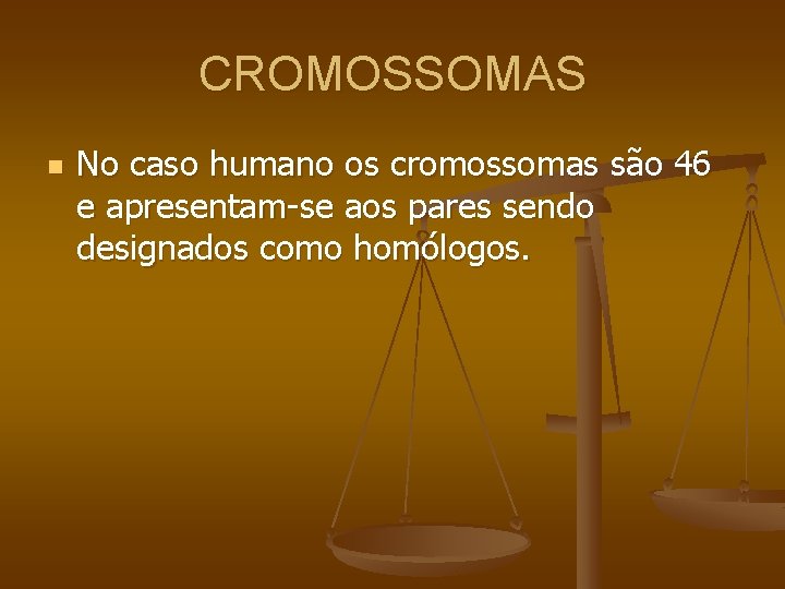 CROMOSSOMAS n No caso humano os cromossomas são 46 e apresentam-se aos pares sendo