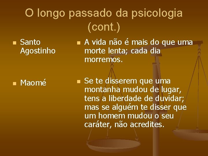 O longo passado da psicologia (cont. ) n n Santo Agostinho Maomé n n