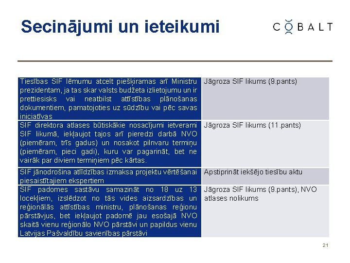 Secinājumi un ieteikumi Tiesības SIF lēmumu atcelt piešķiramas arī Ministru Jāgroza SIF likums (9.