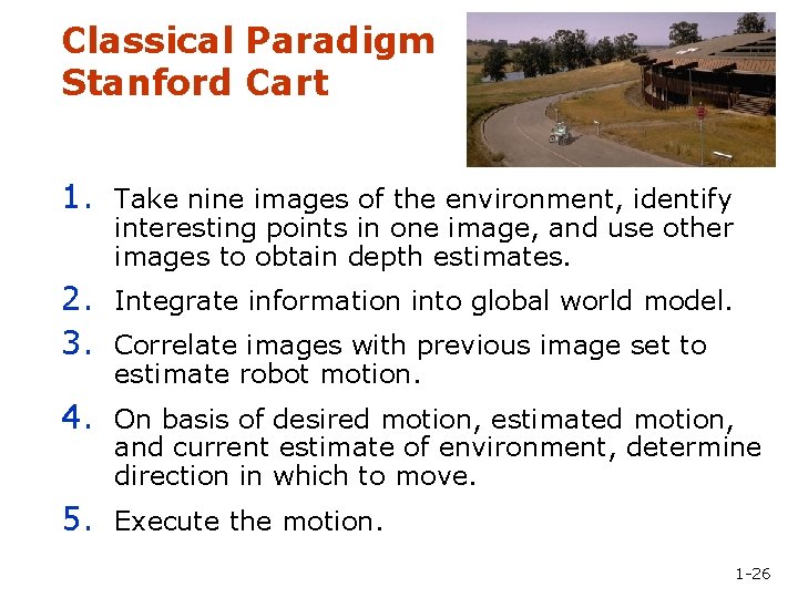 Classical Paradigm Stanford Cart 1. Take nine images of the environment, identify interesting points