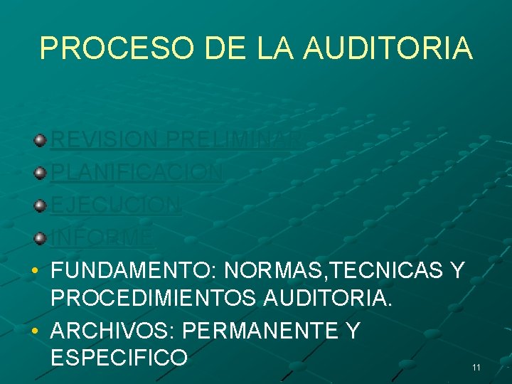 PROCESO DE LA AUDITORIA • • REVISION PRELIMINAR PLANIFICACION EJECUCION INFORME FUNDAMENTO: NORMAS, TECNICAS