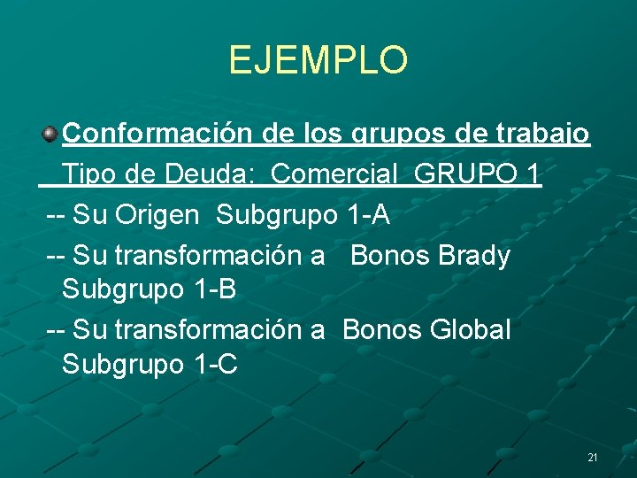 EJEMPLO Conformación de los grupos de trabajo Tipo de Deuda: Comercial GRUPO 1 --