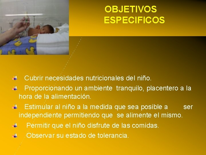 OBJETIVOS ESPECIFICOS Cubrir necesidades nutricionales del niño. Proporcionando un ambiente tranquilo, placentero a la