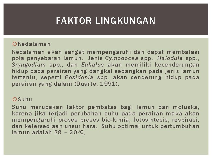 FAKTOR LINGKUNGAN Kedalaman akan sangat mempengaruhi dan dapat membatasi pola penyebaran lamun. Jenis Cymodocea