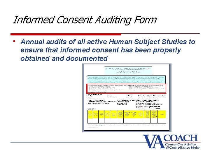Informed Consent Auditing Form • Annual audits of all active Human Subject Studies to