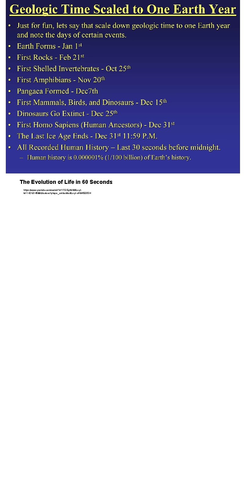 The Evolution of Life in 60 Seconds https: //www. youtube. com/watch? v=YXSEyttbl. MI&x-ytts=1421914688&feature=player_embedded&x-yt-cl=84503534 